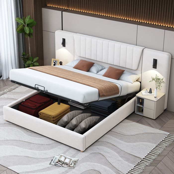Lit double rembourré - 180x200 cm - Tête de lit extra longue - Lampes de lecture pivotantes - Ports USB intégrés
