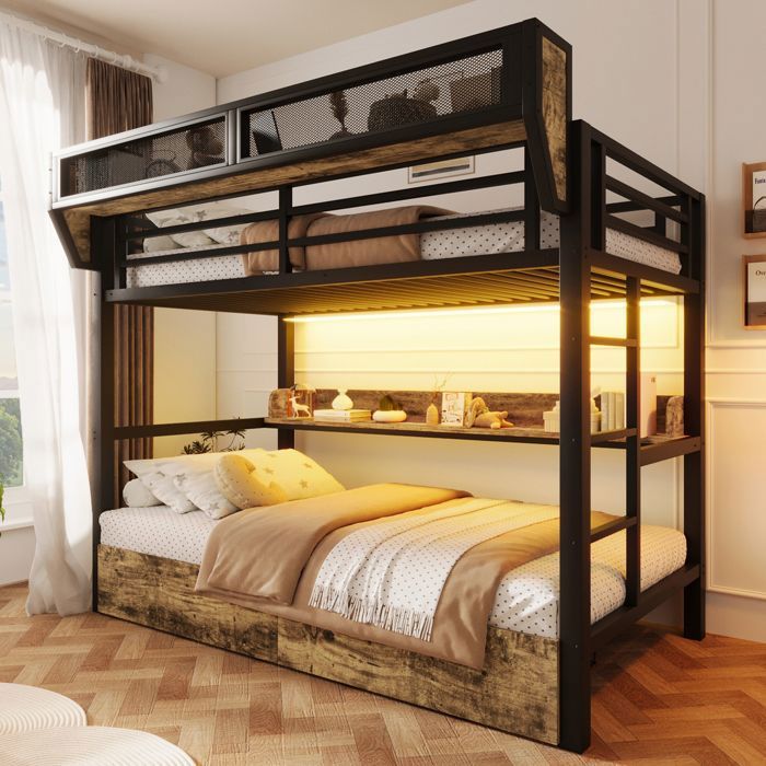 Lit superposé en fer 90 x 200 cm lit double pour enfants avec étagère panier de rangement 2 tiroirs en fer et lampe LED noir