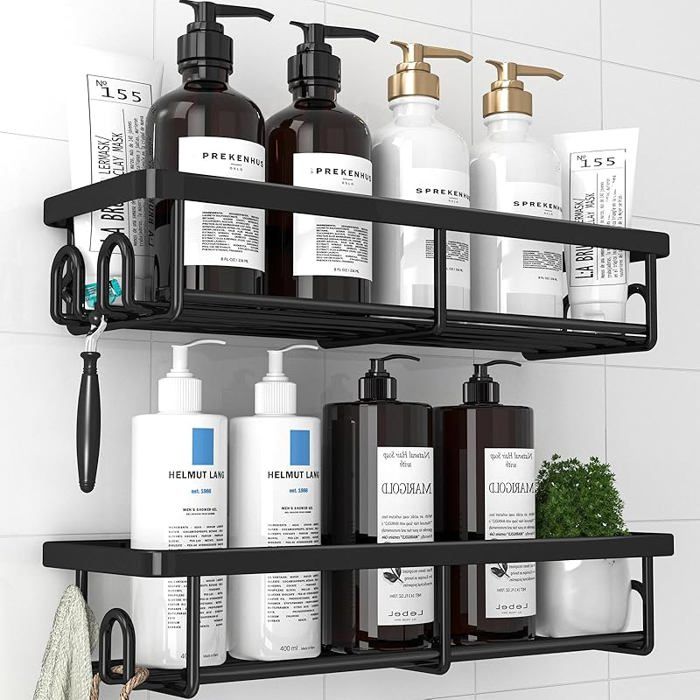 Étagère de Douche Sans Perçage Lot de 2Serviteur de Douche Adhésif en Acier Inoxydable avec 100 x 295 x 55 cm Noir