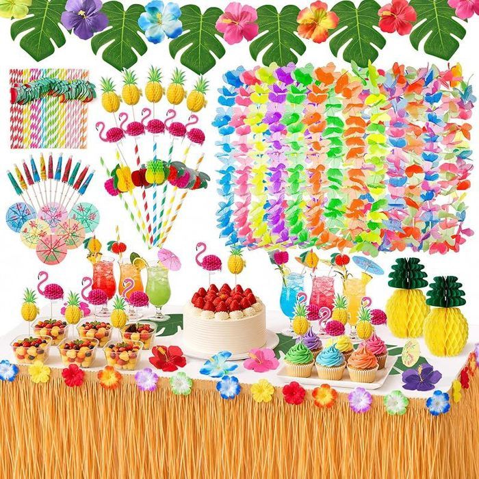 Hawaïenne Table Jupe Set de Décoration Jupe de Table Hawaïenne 9.6FT avec 12 Guirlande et 2 Ananas 3D Feuilles Palmier Fleurs