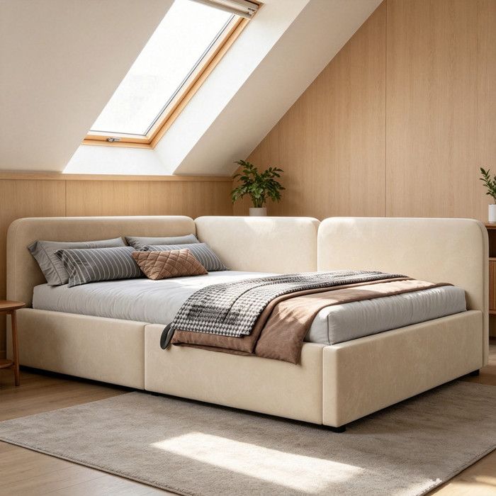 Bladez - Lit coffre 140x200 cm - Lit enfant avec tête de lit capitonnée - Lit double - Beige