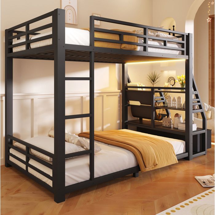 Lit superposé en métal noir 90 x 200 cm avec LED 2 tiroirs en tissu et rangements