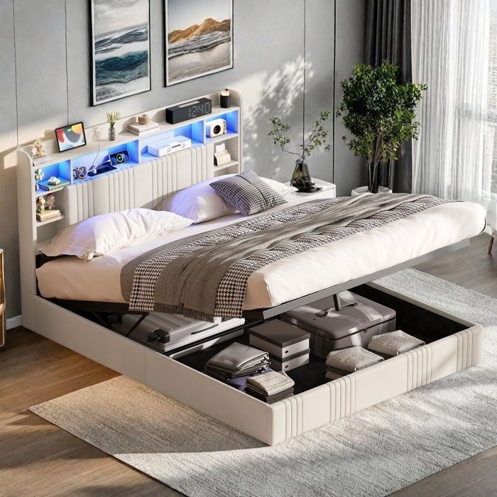 Lit Coffre 160x200 cm Lit 2 Personnes avec Étagères Ouvertes Lit Hydraulique avec LED et USB Lit avec Sommier en Bois Lin Beige