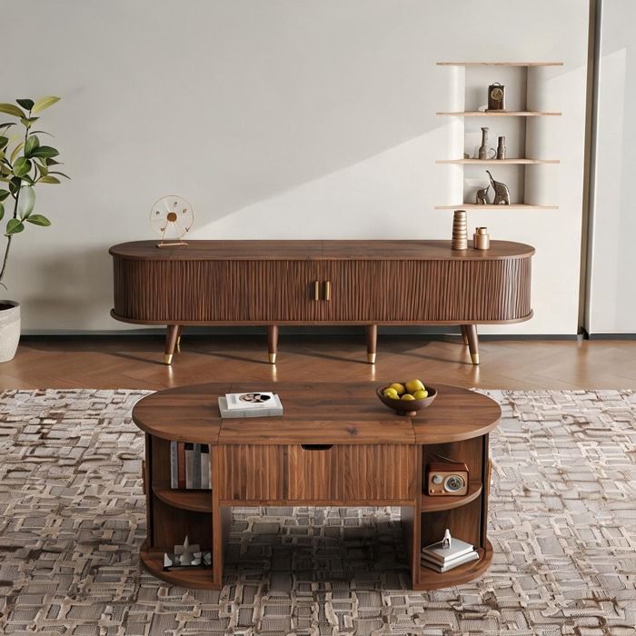 Ensemble salon 2 pièces en MDF finition bois noyer table basse relevable et meuble TV coulissant style mi-siècle