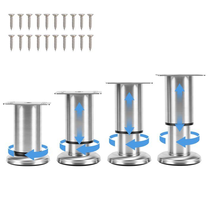 Lot de 4 pieds meuble réglables inox 8-12cm pour table lit TV etc. Meoiruery