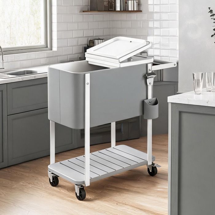 Chariot de service gris en plastique avec glacière 56 L ouverture double et ouvre-bouteille intégré