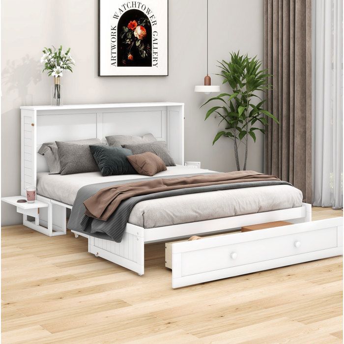 MEULVA Lit escamotable 140 x 200 cm avec tiroir et étagères latérales en pin blanc