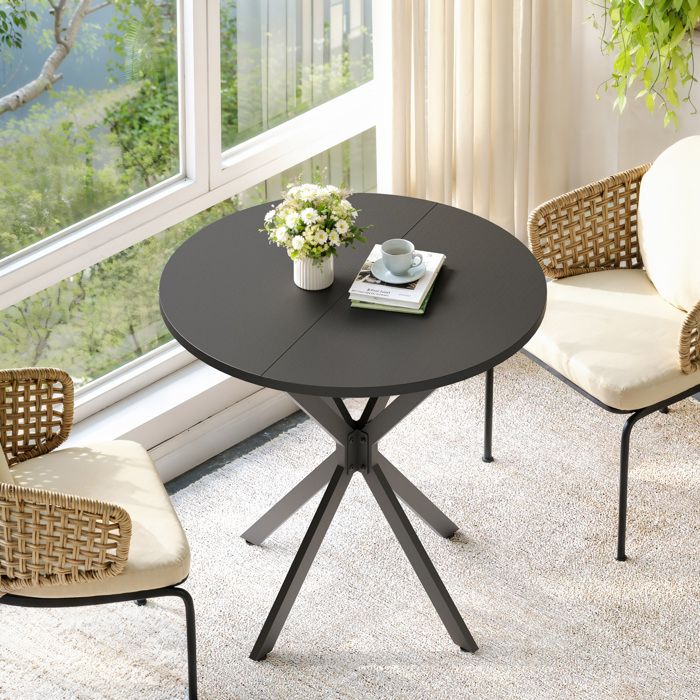 Table à manger ronde 80 cm pour 2 personnes style industriel noir mat piètement en X métal cuisine ORVRYN