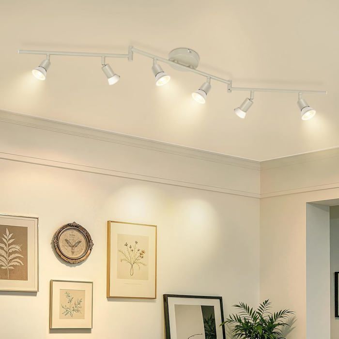 Barre de spots LED plafonnier - 6 GU10 orientables - Beige intérieur sans ampoule
