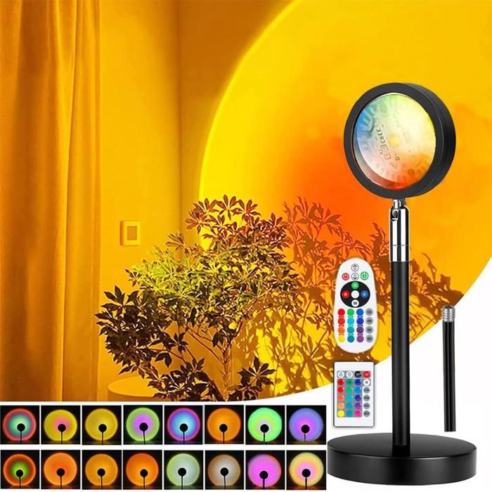 Lampe Coucher de Soleil Sunset Lamp avec USB Lumière Arc-en-Ciel Veilleuse LED Réglable en Hauteur 24 Couleurs 4 Modes dynamiques