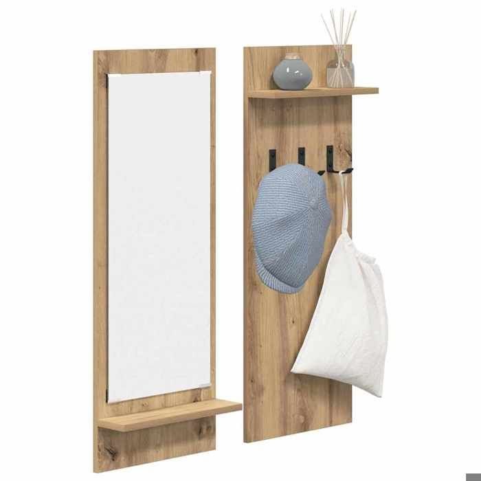 Meuble Étagère - Marron - Porte-manteau mural - 1 pc - avec miroir Chêne artisanal 70x10x90 cm B5088