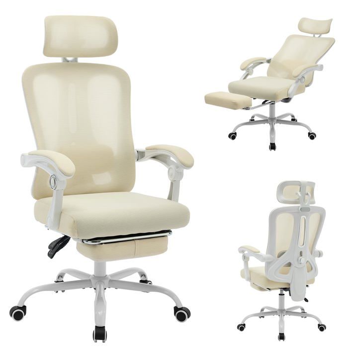 Chaise de bureau beige ergonomique avec repose-pieds dossier haut mesh appuie-tête et lombaire réglables roulettes