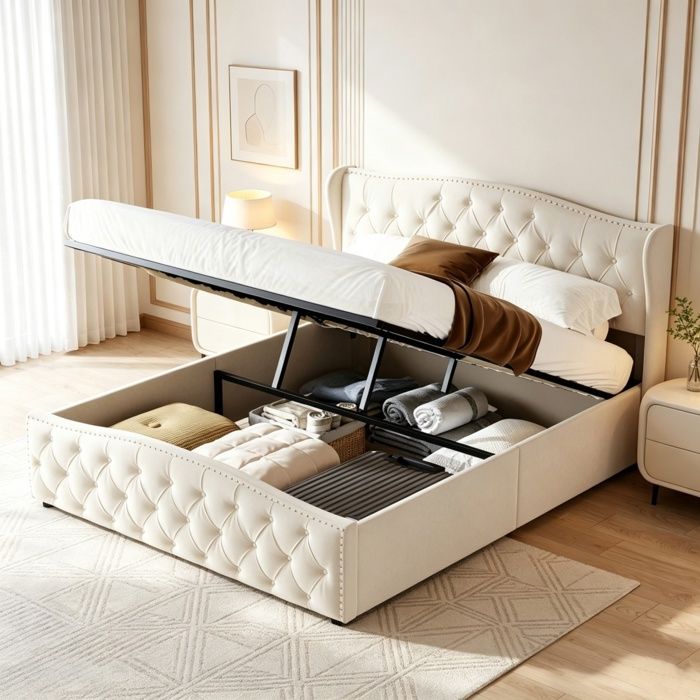 Structure de lit double 140x200 cm - Tête de lit rembourrée - Sommier à lattes - Avec clous décoratifs - Beige - Scandinave