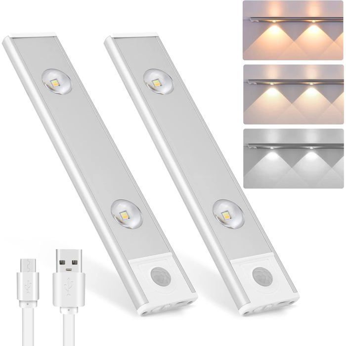 Deux lampes de penderie LED sans fil lampes darmoire à intensité variable avec capteur de présence trois modes 3CQINGSHOP