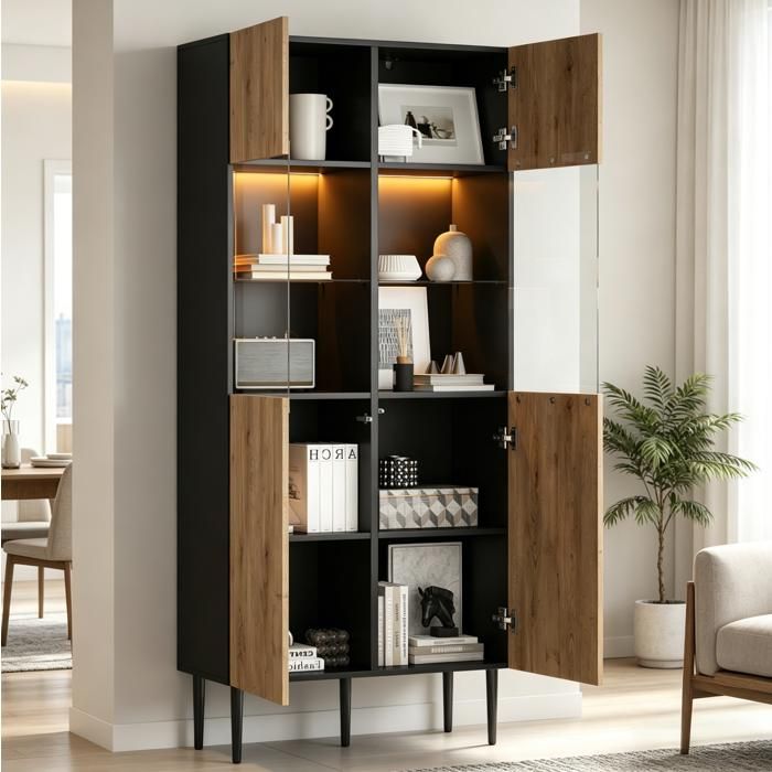 Vitrine haute - Noir et bois naturel - 80 x 35 x 180 cm - LED - portes en verre trempé - MDF