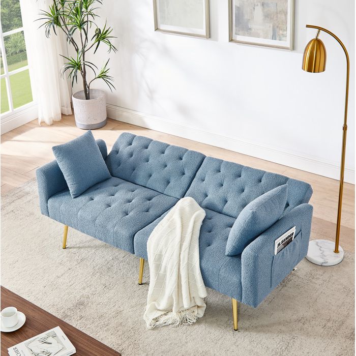 Canapé convertible 2 places bleu Teddy bouclé dossier réglable 3 positions 2 coussins pieds métalliques dorés VEVXYN