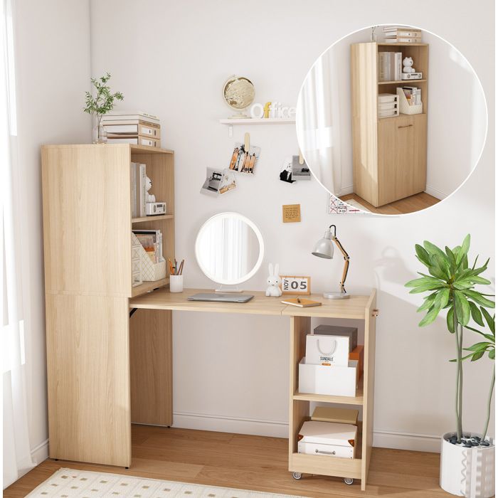 Bureau secrétaire extensible avec meuble de rangement MDF bois naturel clair sur roulettes