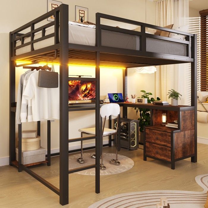 Lit mezzanine métallique noir - BLACKCOLOR - 140 x 200 cm - Bureau intégré - Étagères de rangement - Tringle à vêtements