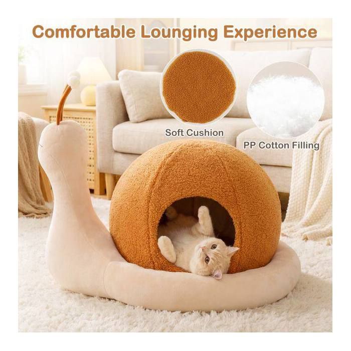 Panier pour chat en peluche en forme descargot marron et blanc avec coussin amovible et fond antidérapant pour intérieur et salon