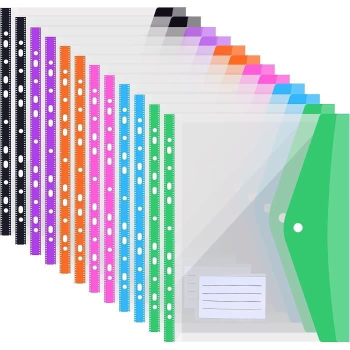 Lot De 24 Pochettes Plastique A4 Extensibles Agoer - Transparentes Perforées Avec 2 Rubans Velcro Adhésifs Et Étiquettes Pour École Et Bureau