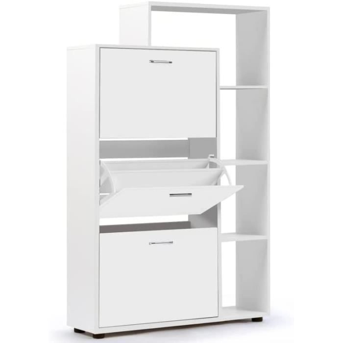 Meuble à Chaussures 3 Portes Blanc Brillant & Chêne – 18 Paires, Étagère Étroite Hall & Chambre 60x113x22 Cm