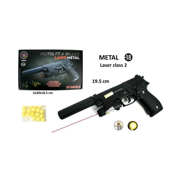 Pistolet a billes metal a ressort 20cm + laser et silencieux (18