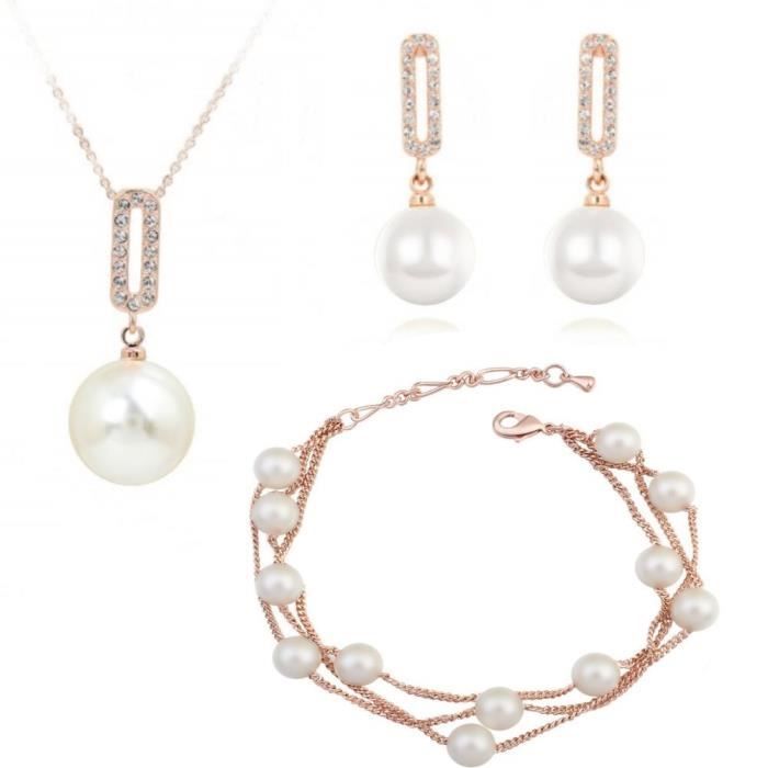 Crystalline Azuria Ensemble Collier Boucles d'oreille et Bracelet 18 carats plaqué Or Rose avec Blancs Imitation Perles de Swarov