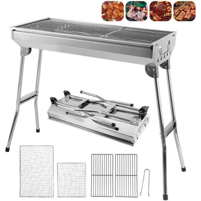 Barbecue à Charbon de Jardin Pliant en Acier Inoxydable - Pour 12 Personnes - 73x32.5cm