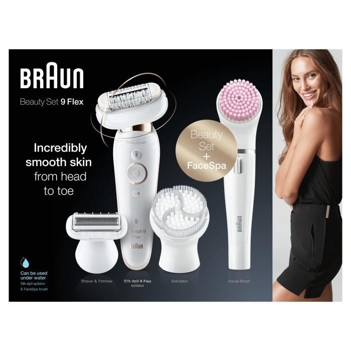 Braun Silk-épil 9 Coffret Beauté & Spa Epilateur Electrique Femme Blanc/Doré, Brosses Exfoliantes, Éponge Maquillage, 9-100