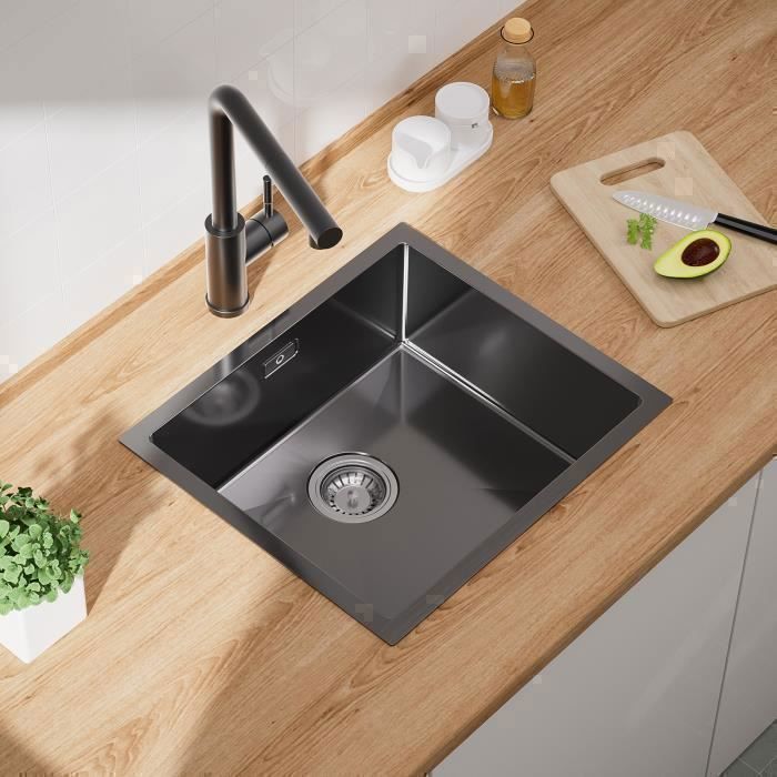 50x44cm Évier de Cuisine inox Évier 1 bac encastrer noir anthracite