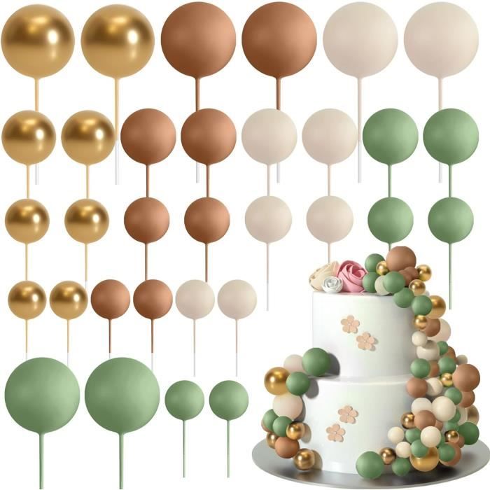 48 Pièces Boule Decoration Gateau, Anniversaire Balle Gâteau Topper, Décorations de Gâteaux en Forme de Boule, pour fête de mariage Anniversaire (jaune/or/Blanc