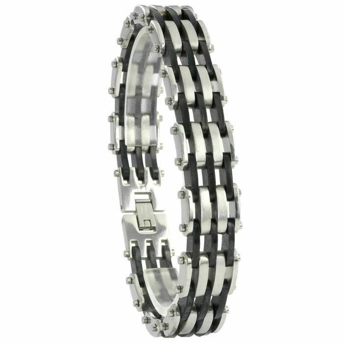 BRACELET HOMME EN ACIER INOXYDABLE ARGENT 100% Stainless Stel et CAOUTCHOUC. J7225eb