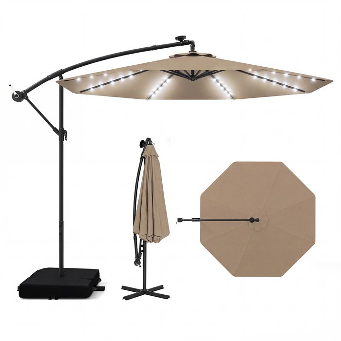 COSTWAY Parasol Déporté 3M avec 40 Lumières LED Panneau Solaire 6 HeuresBase Croisée Sac de Sable Tissu en Polyester UV 20+ Marron