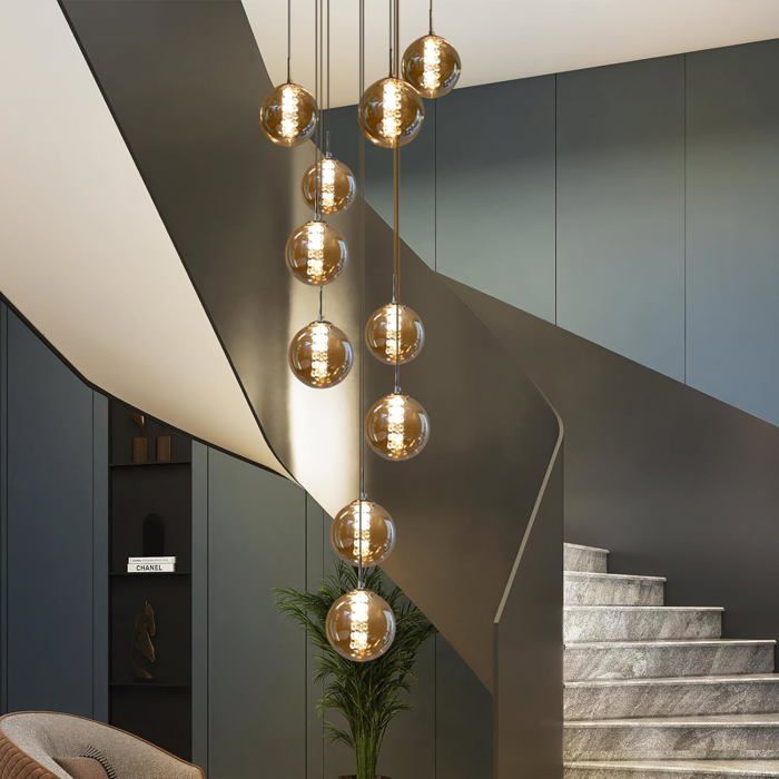 Homefire Lustre 10 flammes Gris - Verre sphérique design réglable en hauteur Lampe à suspension 200 cm pour Salon salle à manger