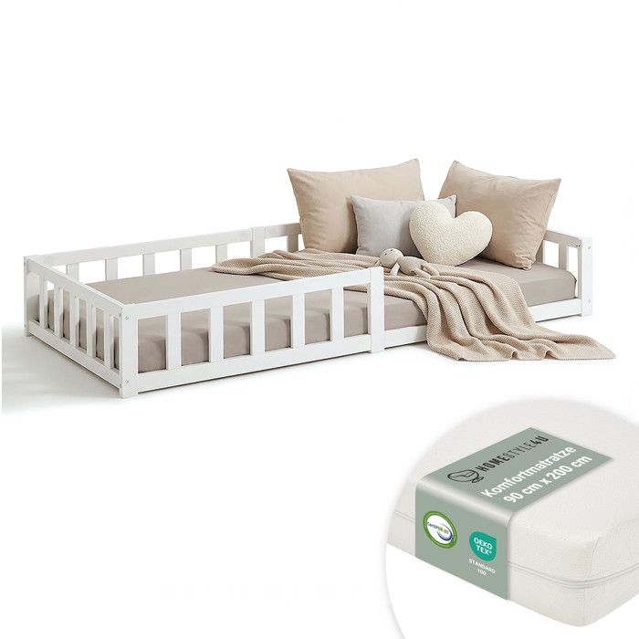 Lit Montessori 90 x 200 cm blanc avec matelas et sommier à lattes – Lit sur pied avec barrière de sécurité en bois massif Lit Montessori 90 x 200 cm blanc avec matelas et sommier à lattes – Lit sur pied avec barrière de sécurité en bois massif