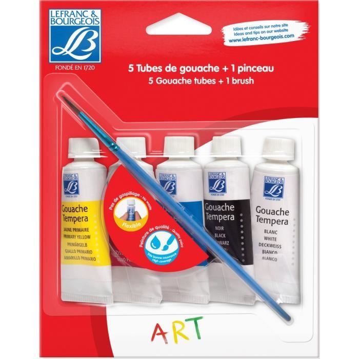 Lot de 5 tubes de gouache 20ml + pinceau - LEFRANC & BOURGEOIS - Couleurs primaires