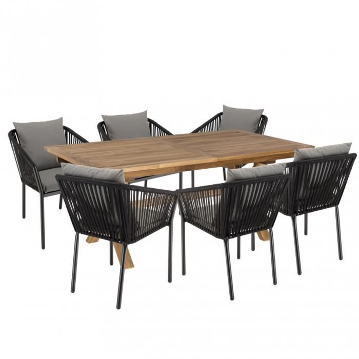 macabane malo - salon de jardin 6 pers. - 1 table rectangulaire 180x100cm et 6 fauteuils gris et noirs avec coussin