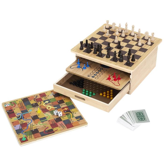 Jeu de Société 10 en 1 - MISTER GADGET - Boîte en Bois - Marron