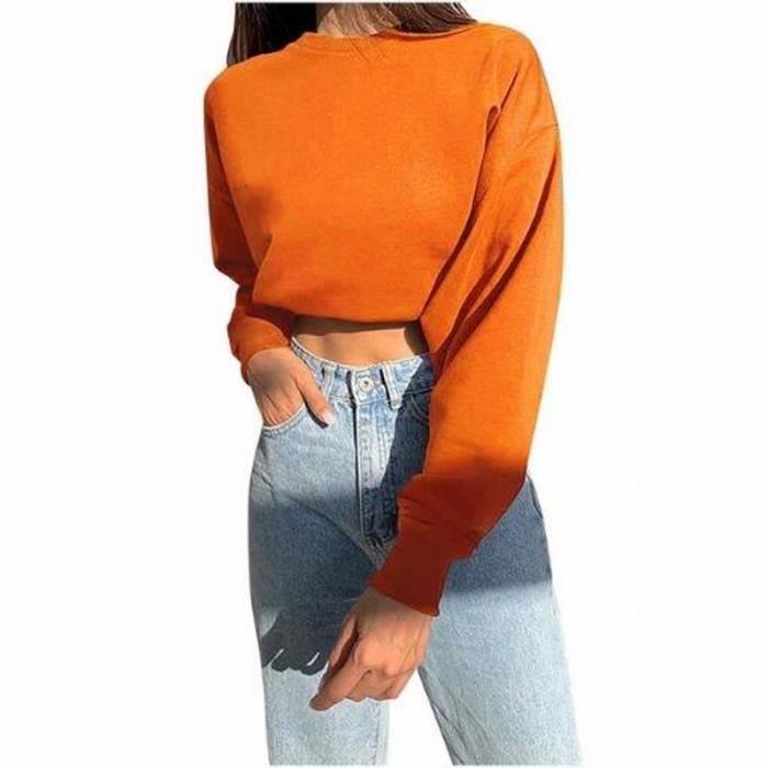 Hoodie Femme Sexy Couleur Unie Crop Top Casual À Manches Longues