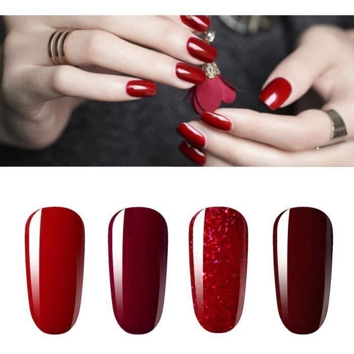 Lot de 4 Vernis à Ongles Gel Semi Permanent Rouge paillette Bordeaux Soak Off UV LED Gel Nail