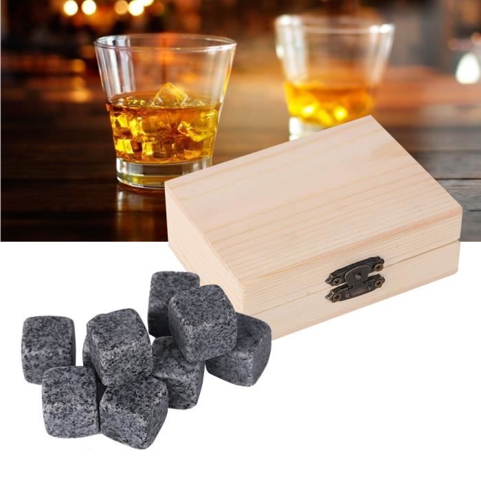 Coffret Cadeau Whisky – 2 Verres, 9 Pierres De Refroidissement, Pince, Boîte Bois – Idée Homme