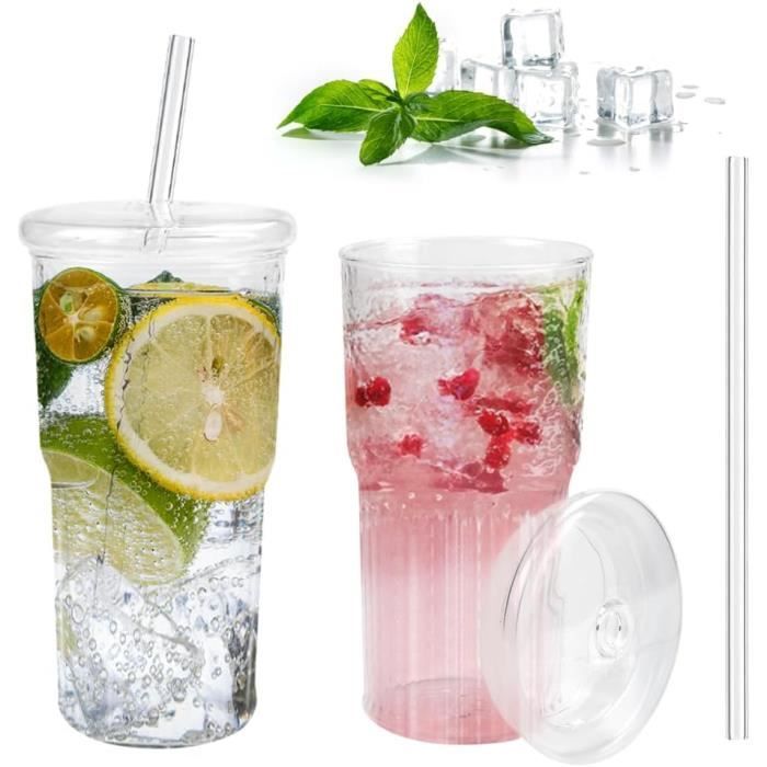 SOBEAU Lot De 2 Grands Verres Bubble Tea 730 Ml Avec Couvercle Et Paille – Gobelets Réutilisables En Verre Pour Smoothies, Milkshakes Et Jus (Blanc)