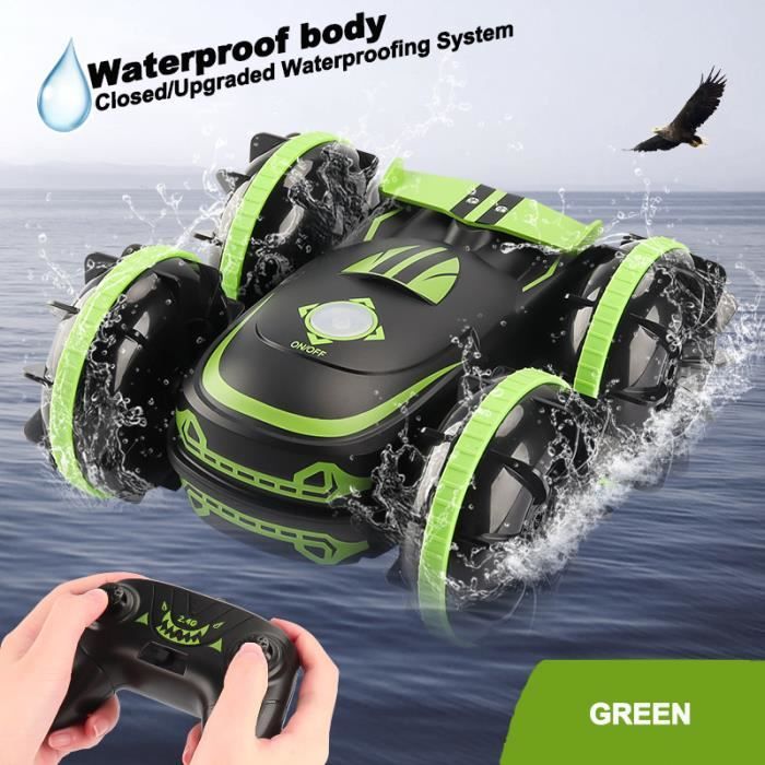 Voiture Amphibie RC 3 En 1 – Terre, Eau, Pistolet à Eau – 360° – Lumière LED – 2,4 GHz – 2 Batteries 1200 MAh – Dès 4 Ans