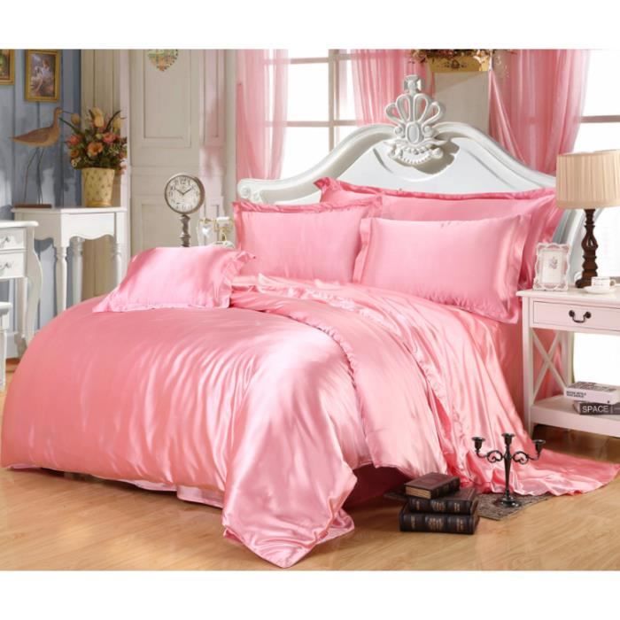 Parure de drap en Soie Satinée - Parure de lit 4 Pcs = 2 Taies doreiller 1 Drap 1 Housse de Couette - 220x240cm
