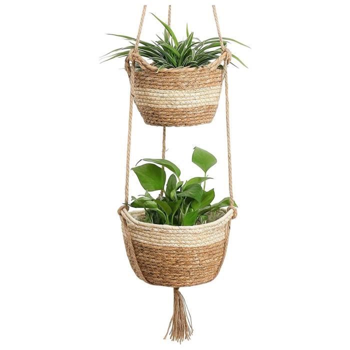 Panier Suspendu En Jonc De Mer Naturel Double Couche – Idéal Pour Plantes, Pot De Fleurs Ou Rangement Déco Boho