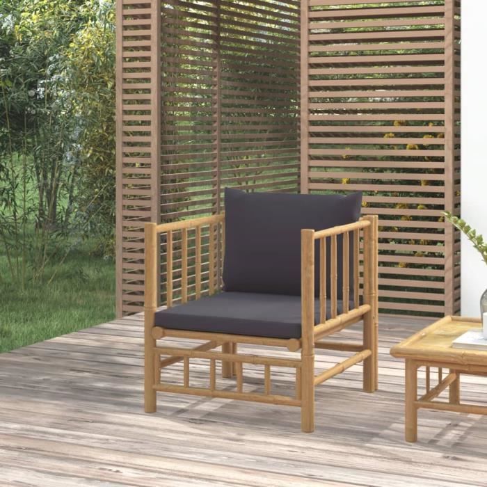 Banc De Jardin En Bambou Avec Coussins Gris Foncé - 115x85.5x73.5 Cm, Charge 110 Kg, Pour Terrasse Ou Jardin