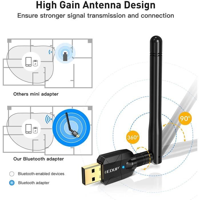 USB Bluetooth 5.0 Adaptateur avec Antenne pour PC,Longue Portée Environ 100  mètres Bluetooth 5.0 EDR Dongle Émetteur Récepteur A66