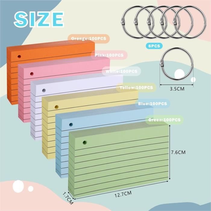 360 Cartes Flash Index Lignées 6 Anneaux – Lot Multicolore 150 G/m², Perforées, Avec Couvertures Kraft – Idéal Études, Mots, Révisions, Notes
