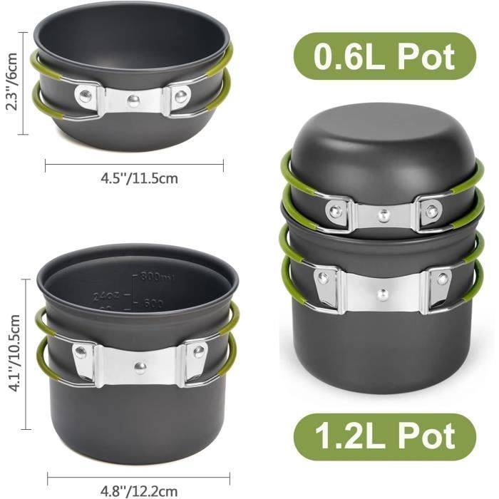 Kit De Casseroles Camping Aluminium – 2 Casseroles Antiadhésives + Couverts, Poignées Pliantes, 400g