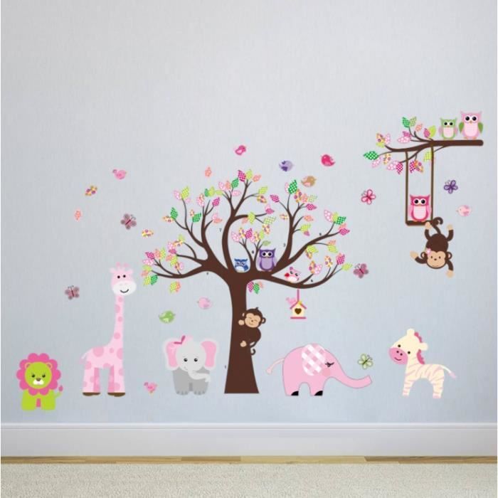 Decalmile Stickers Muraux Forêt Rose Éléphant Girafe Ours – Décoration Chambre Fille Bébé Enfant
